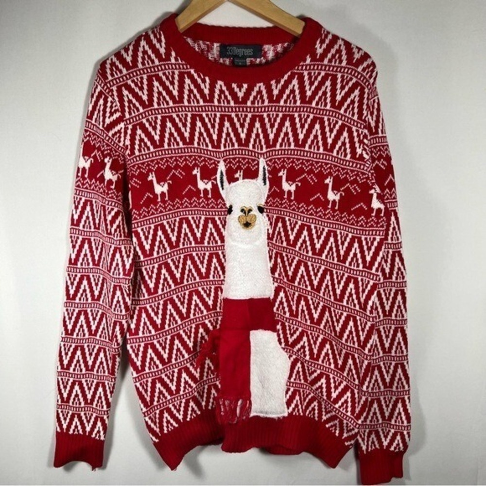 33Degrees Size Small Red White Ugly Christmas Sweater Fuzzy Llama‎ w/scarf